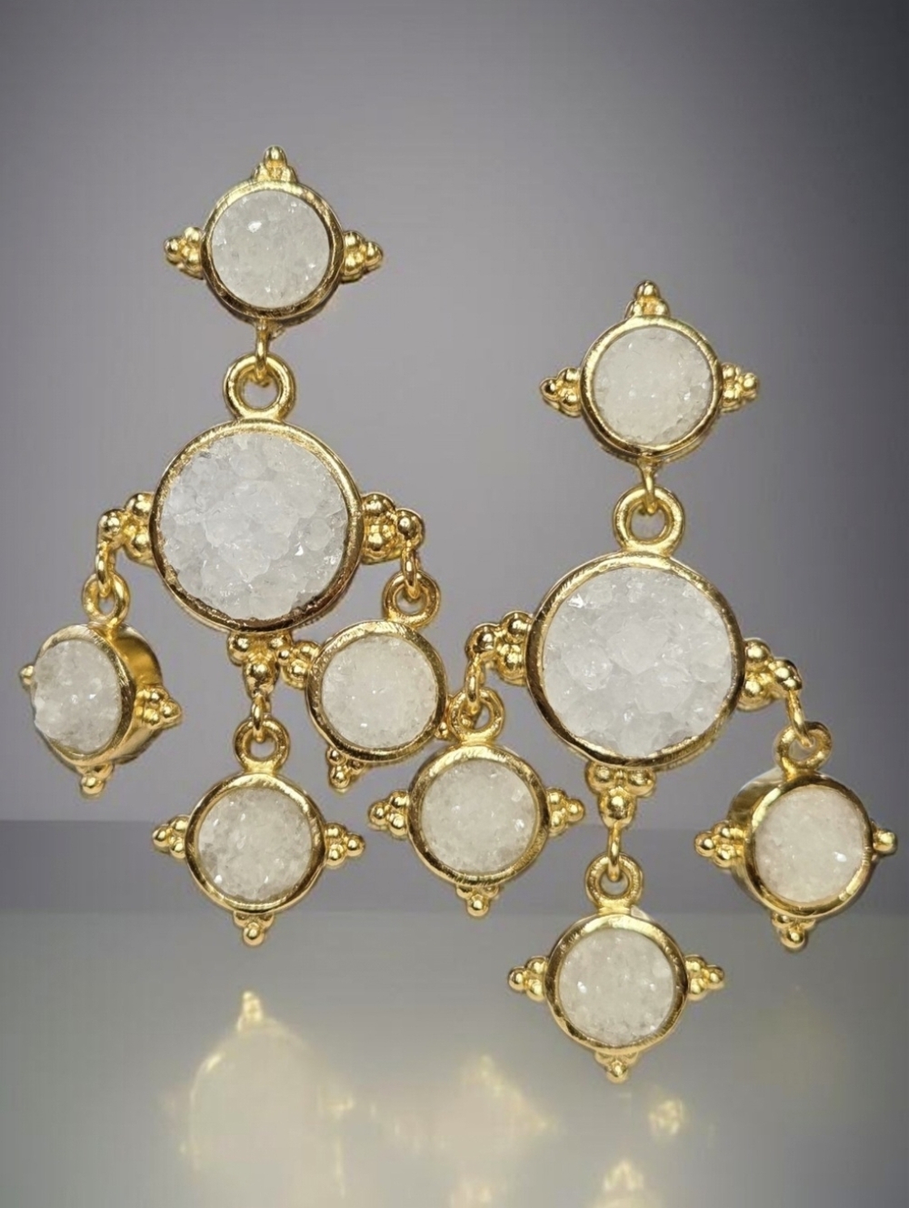 18k Gold Plated Artisan Byzantine Sugar Crystal Quartz Designer Dangle Earrings